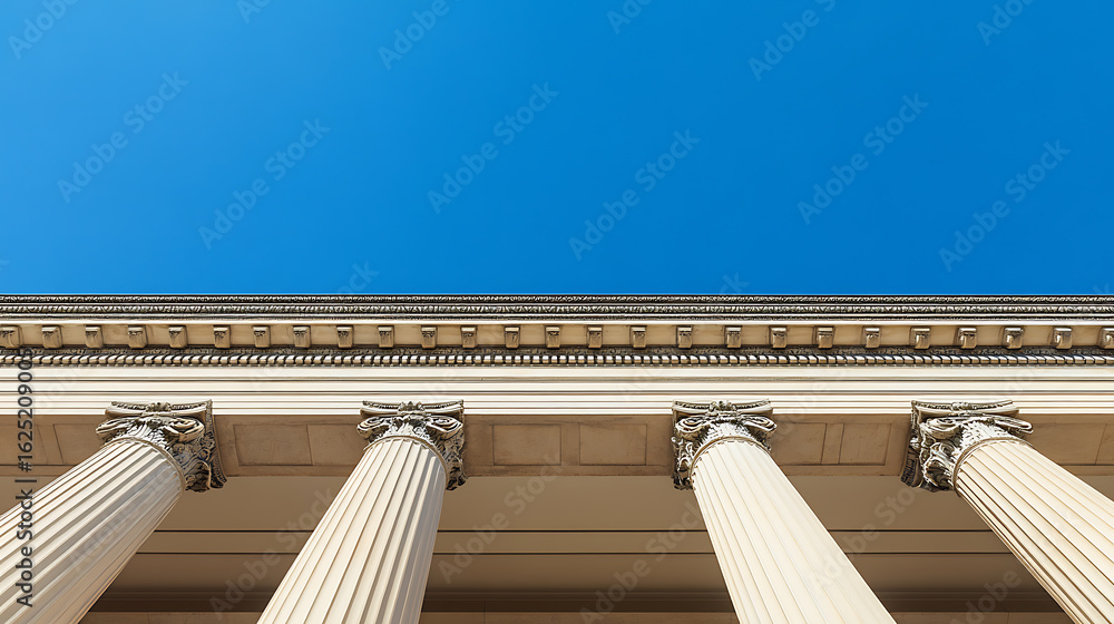 Poster architectural pillars of a classical building against a clear blue sky. linear details and textures 