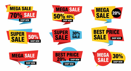 Collection of Nine Colorful Sale Banners with Varied Discounts