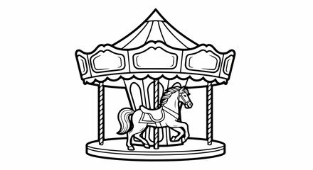 Classic carousel with a saddled horse, a detailed black and white line art illustration.
