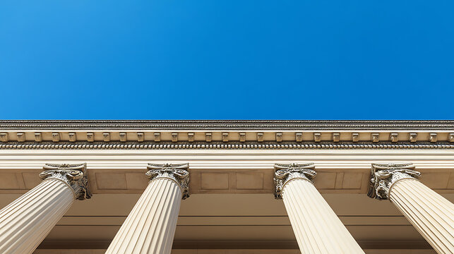 Architectural pillars of a classical building against a clear blue sky. Linear details and textures of the building's design in sharp focus.