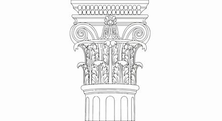 Ornate Corinthian capital line drawing with detailed acanthus leaves, volutes, and a central fleuron.