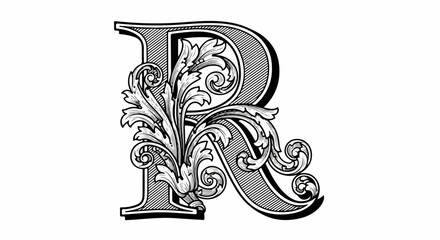 Ornate Capital Letter R with Flourishes, Black and White, Detailed Engraving Style