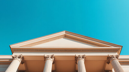 Classical Architecture: A low-angle view showcases the ornate details of a building's facade, highlighting its columns and triangular pediment against a bright blue sky.