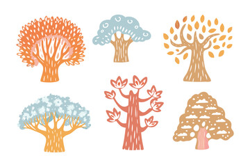 Arboreal Harmony: A collection of six trees, each bearing unique shapes and colors, stands as a testament to the diverse beauty of nature. The image is a charming illustration of woodland serenity.