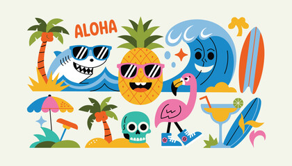 Vibrant Retro Summer Beach Scene with Shark Pineapple Flamingo and Surfboards vintage aloha