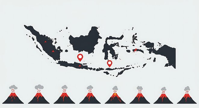 Map of Indonesia with volcano icons indicating locations and volcanic activity, featuring red location pins.
