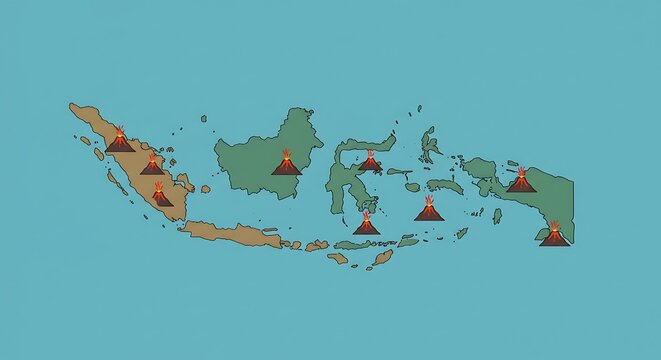 Map of Indonesia highlighting active volcanoes.