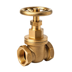 Close up of a brass gate valve with a wheel handle used in plumbing and industrial applications for controlling water flow isolated on transparent background