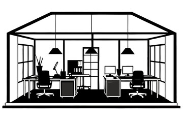 Open-Plan Office Workspace Silhouette Vector – Modern Collaborative Environment and Teamwork Concept