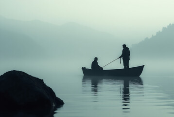 Silhouette of two fishermen in a small boat on a calm lake, shrouded in early morning fog.