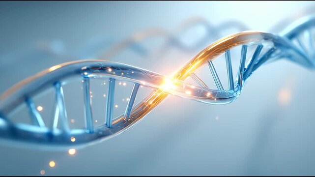 3D medical animation of a DNA helix being scanned for personalized medicine, representing biotech and the future of healthcare.