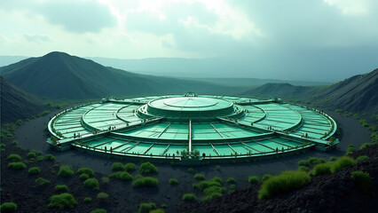 Obraz premium A futuristic CO2 carbon capture plant in Iceland's volcanic landscape. Show the plant's intricate design and surrounding natural beauty. Depict the technology as a solution to climate change.