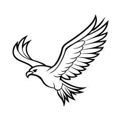 Stylized black and white illustration of a soaring eagle in midflight, wings spread wide, conveying freedom, power, and majesty, suitable for emblem and mascot designs