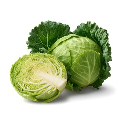 Fototapeta premium Fresh green cabbage and half cabbage isolated on white background