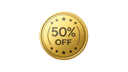 Golden 50 percent off badge icon with stars for promotional sale and discount label design
