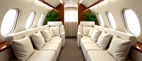 Luxurious private jet lounge featuring comfortable seating arrangements and a large, polished wood-finish table.  High-quality, detailed rendering.