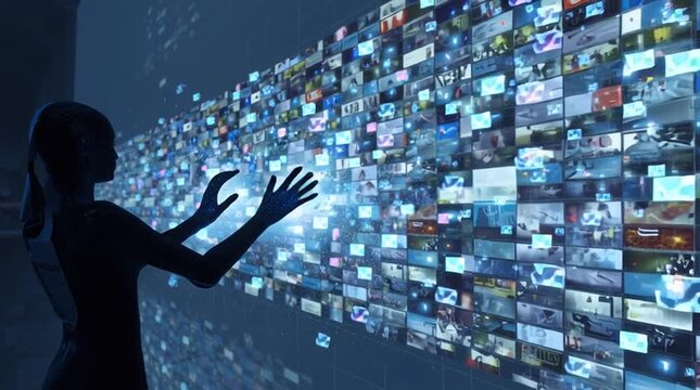 Person wearing futuristic gloves rapidly sorts a massive stream of data, files, and photos on a giant semi-transparent screen using elegant hand gestures, visualizing speed, control, and advanced huma