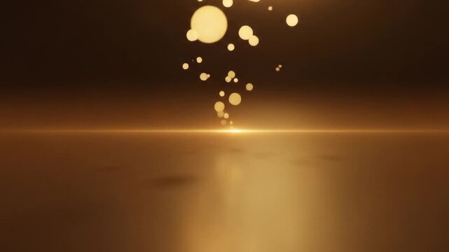Golden glowing orbs descend onto reflective surface, suitable for backgrounds, web design, or technologythemed projects needing abstract elements.