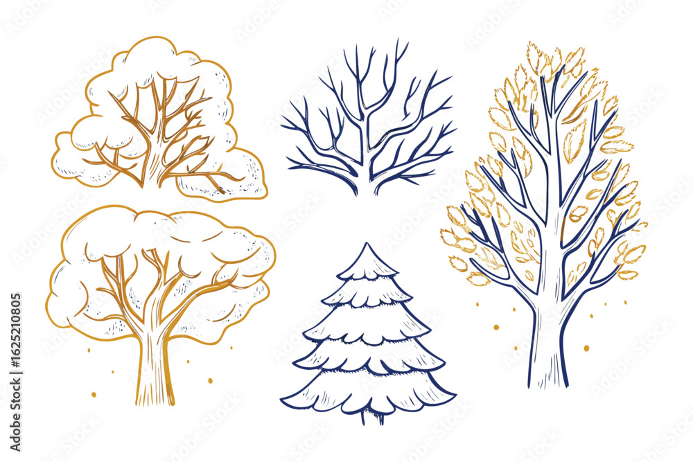 Poster diverse tree sketches: a collection of detailed, hand-drawn sketches showcases five unique trees, ea