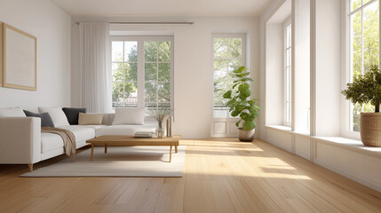 A modern minimalist living room, white walls, wooden floor, natural light