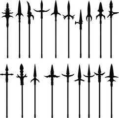 Spear and Polearm Vector Silhouette Set. A comprehensive collection of medieval and historical weapon designs for fantasy, gaming, and history concepts.