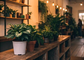 Indoor plant shop showcasing a diverse collection of potted plants on wooden shelves, creating a trendy and natural atmosphere for customers to explore and choose