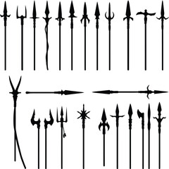 Spear and Polearm Vector Silhouette Set. A comprehensive collection of medieval and historical weapon designs for fantasy, gaming, and history concepts.