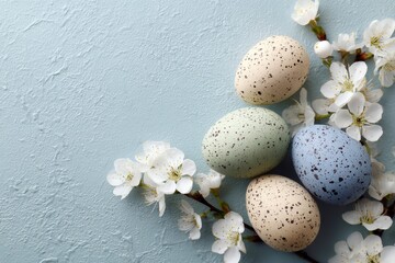 Fototapeta premium Speckled Easter Eggs with White Flowers on Blue Background