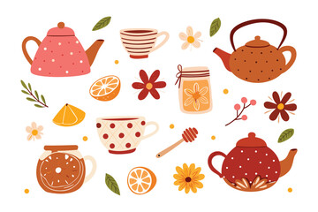 Tea Party Illustration: A delightful illustration showcases a variety of tea essentials. Including teapots, teacups, honey jars, and vibrant floral accents. Perfect for a cozy tea time scene.