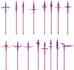 Spear and Polearm Vector Color Illustration Set. A detailed collection of vibrant medieval and historical weapon designs for fantasy, gaming, and comics.