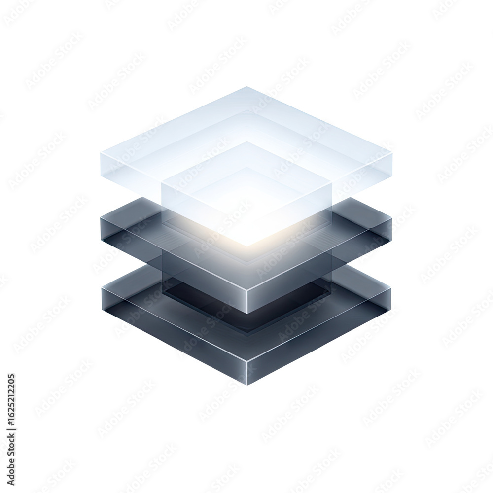 Poster abstract representation of layered transparent shapes creating depth and dimension in a modern graph