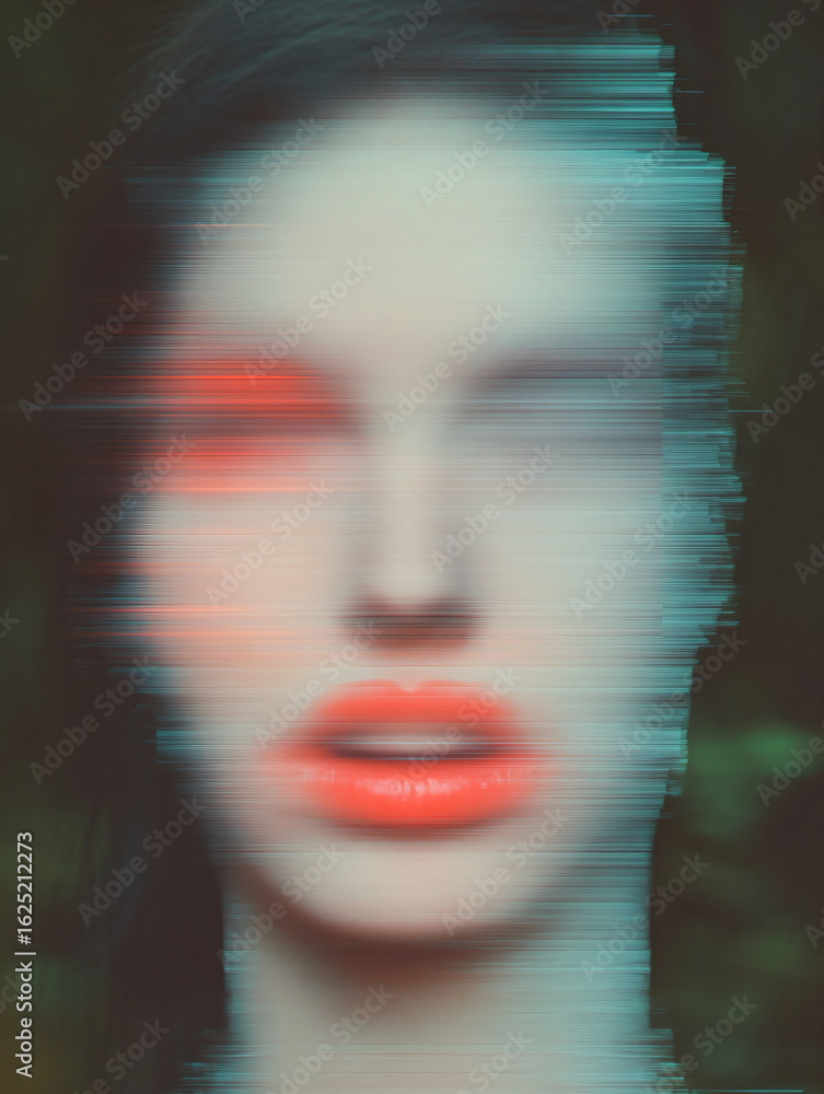 Poster a woman's face distorted by digital pixel sort effect, illustrating abstract concept. for modern art