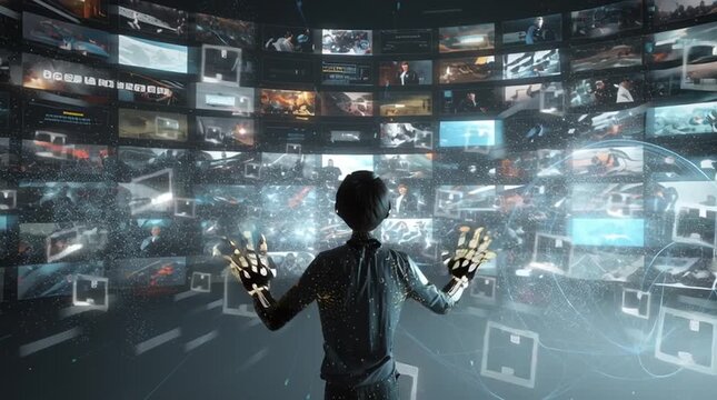 Person wearing futuristic gloves rapidly sorts a massive stream of data, files, and photos on a giant semi-transparent screen using elegant hand gestures, visualizing speed, control, and advanced huma