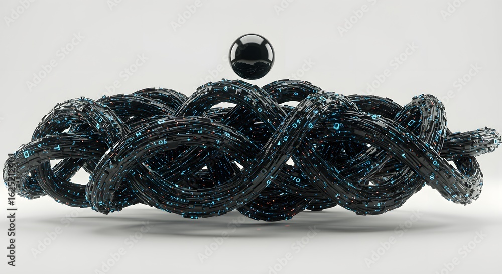 Aufkleber abstract knot and sphere: a mesmerizing 3d-rendered image showcases a dark, intertwined knot floatin