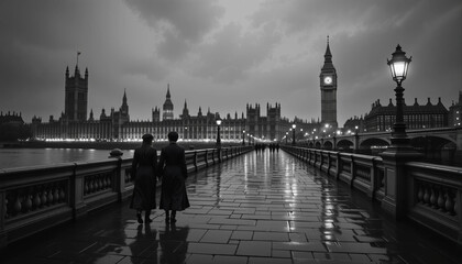 Obraz premium Black and White London Street View with Big Ben and Couple Walking