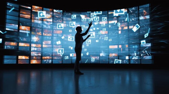 Person wearing futuristic gloves rapidly sorts a massive stream of data, files, and photos on a giant semi-transparent screen using elegant hand gestures, visualizing speed, control, and advanced huma