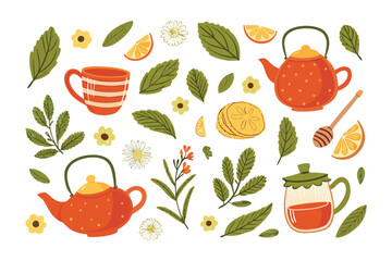 Invigorating Tea Time: A vibrant and inviting collection of illustrated elements for tea-related compositions, perfect for evoking comfort and warmth. 
