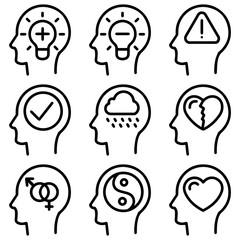 Outline-style grid of nine different icons, each depicting a human head in profile with a different symbol inside, representing various psychological concepts. Related to education, psychology