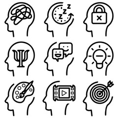 Outline-style grid of nine different icons, each depicting a human head in profile with a different symbol inside, representing various psychological concepts. Related to education, psychology