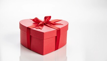 Fototapeta premium Vibrant red heart-shaped gift box with a satin ribbon on a reflective white background.