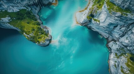 Aerial View of Turquoise Alpine Lake Embracing Rugged Mountains