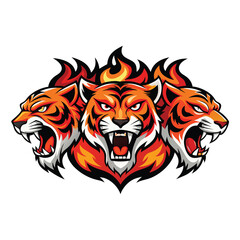 Three fierce tiger heads with open mouths and flames on a white background, symbolizing power and aggression, perfect for logos or emblems