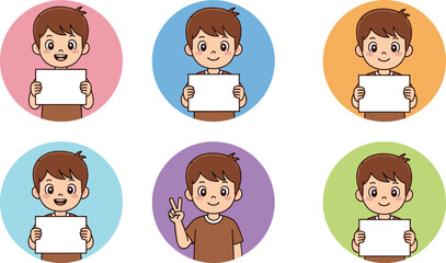 Cartoon boys holding blank signs, diverse facial expressions, colorful character set, school and education concept, promotional banner illustration, cheerful children