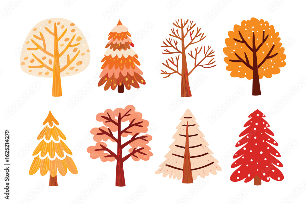 Poster assorted trees: a collection of vibrant illustrated trees, each showcasing unique characteristics, a