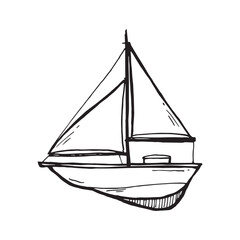 Whimsical sketch of sailboat with one mast, two triangular sails and visible hatch. Playful design perfect for nautical decor, children’s books, toys, and marine-themed projects.