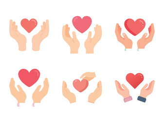 Diverse Representations of Hands Offering and Holding Red Hearts on White Background