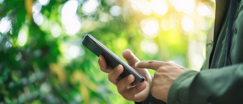 The person using a smartphone in a serene natural environment