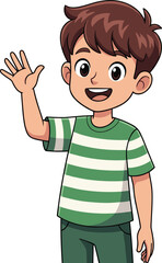 Cheerful cartoon boy waving hello, smiling face, friendly child character, welcoming gesture, brown hair, green striped shirt, happy illustration