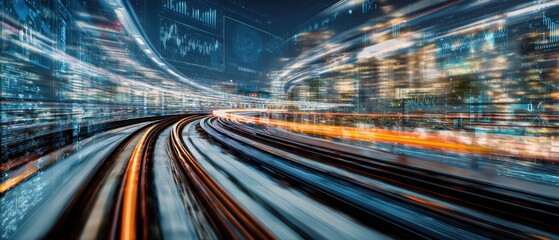 The futuristic railway illuminated by dynamic city lights and data streams.