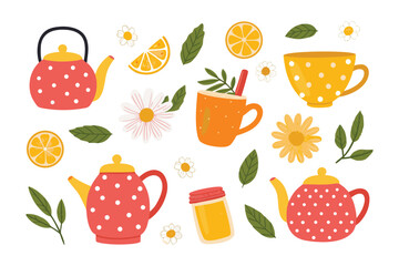 Teatime Essentials: An appealing set of teapot, cup, lemon slice, flowers, and honey create a visual of tea in a flat style.